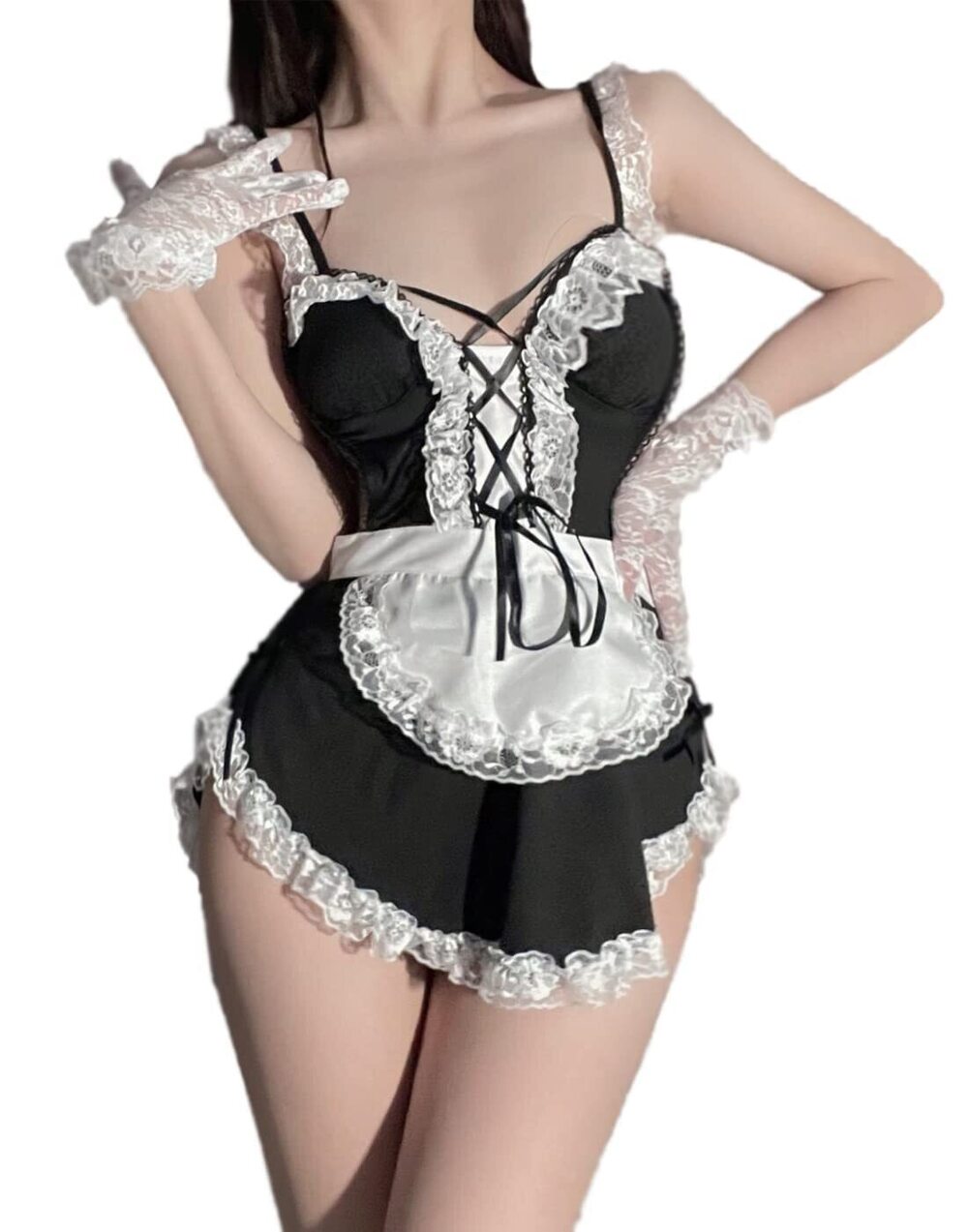 1902 French Maid Costume Sexy Maid Lingerie Strap Deep V-Neck Uniform